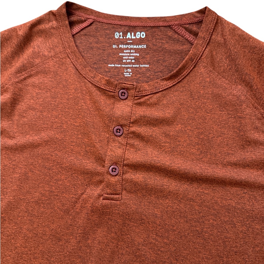 01. Algo Performance Shirt Men’s Large Henley‎ Brick Orange Color UV SPF 40